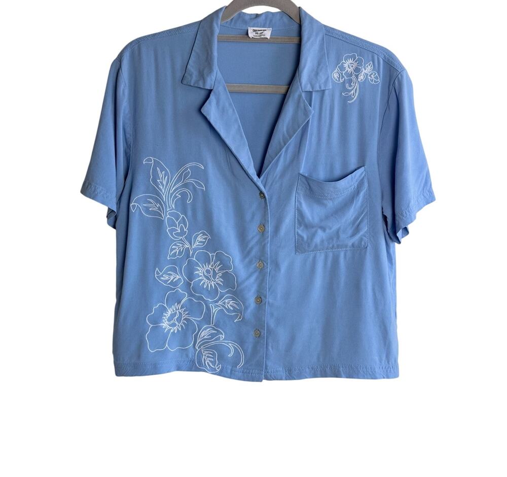 Cotton On Blue Floral Embroidered Button Up Shirt XS Boxy Cropped Top Fairy